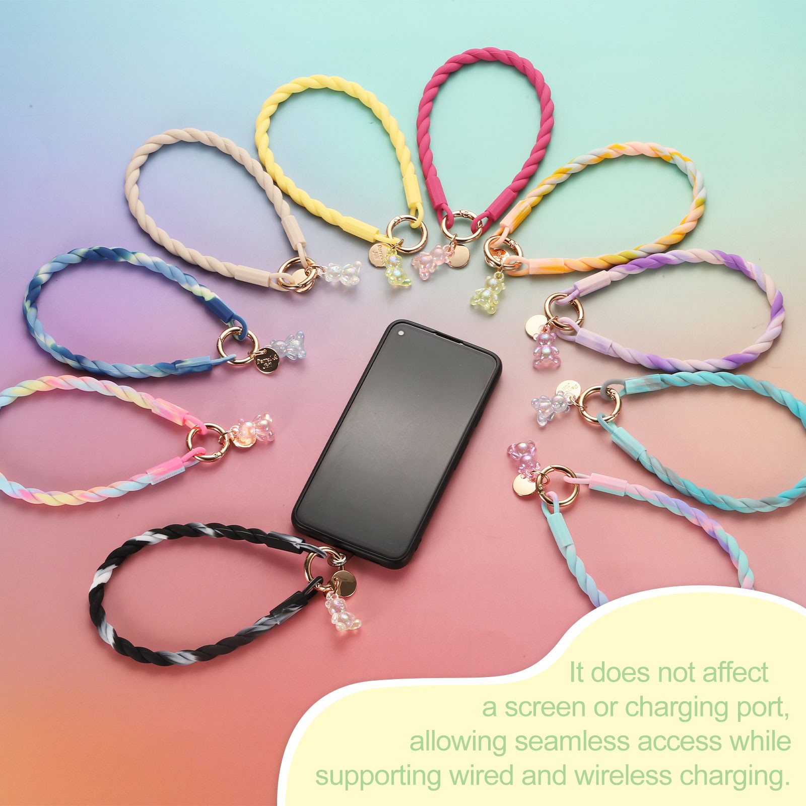 33cm(13″) Phone Wrist Strap with Clasp and Bear (Pink Blue Gradient)