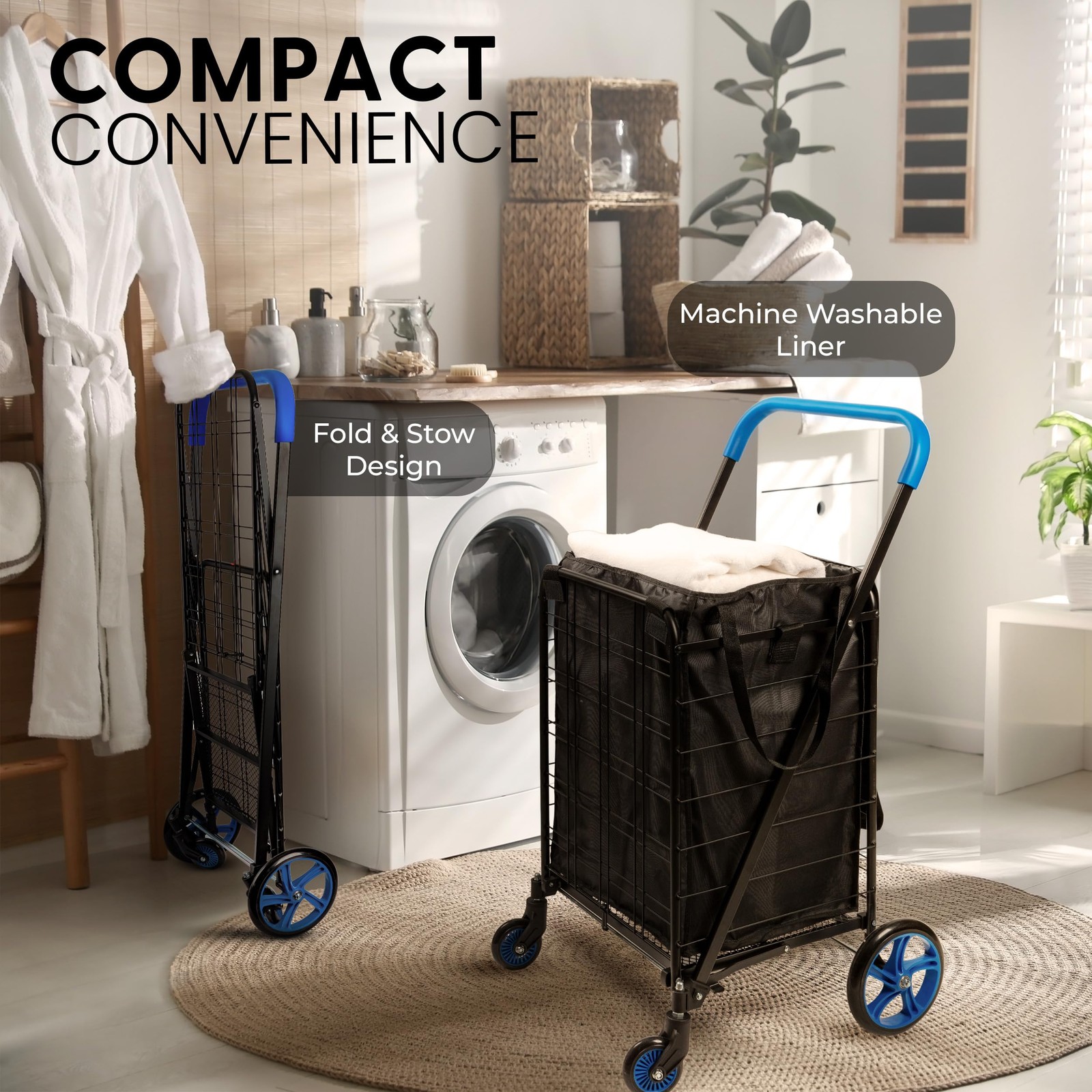 Serenelife Large Folding Utility Shopping Cart Removable Duty 360 Swivel Wheels
