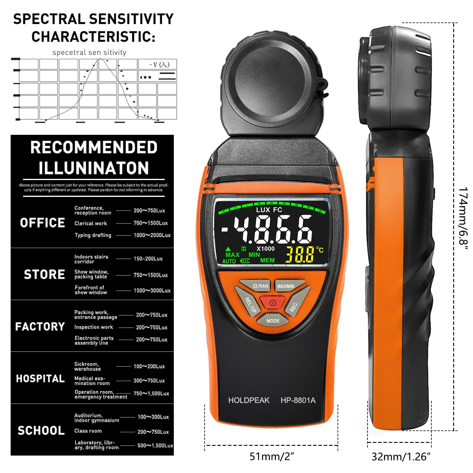 HOLDPEAK 8801A Digital Lux Light Meter 0.1400,000 Lux Illuminance Detector