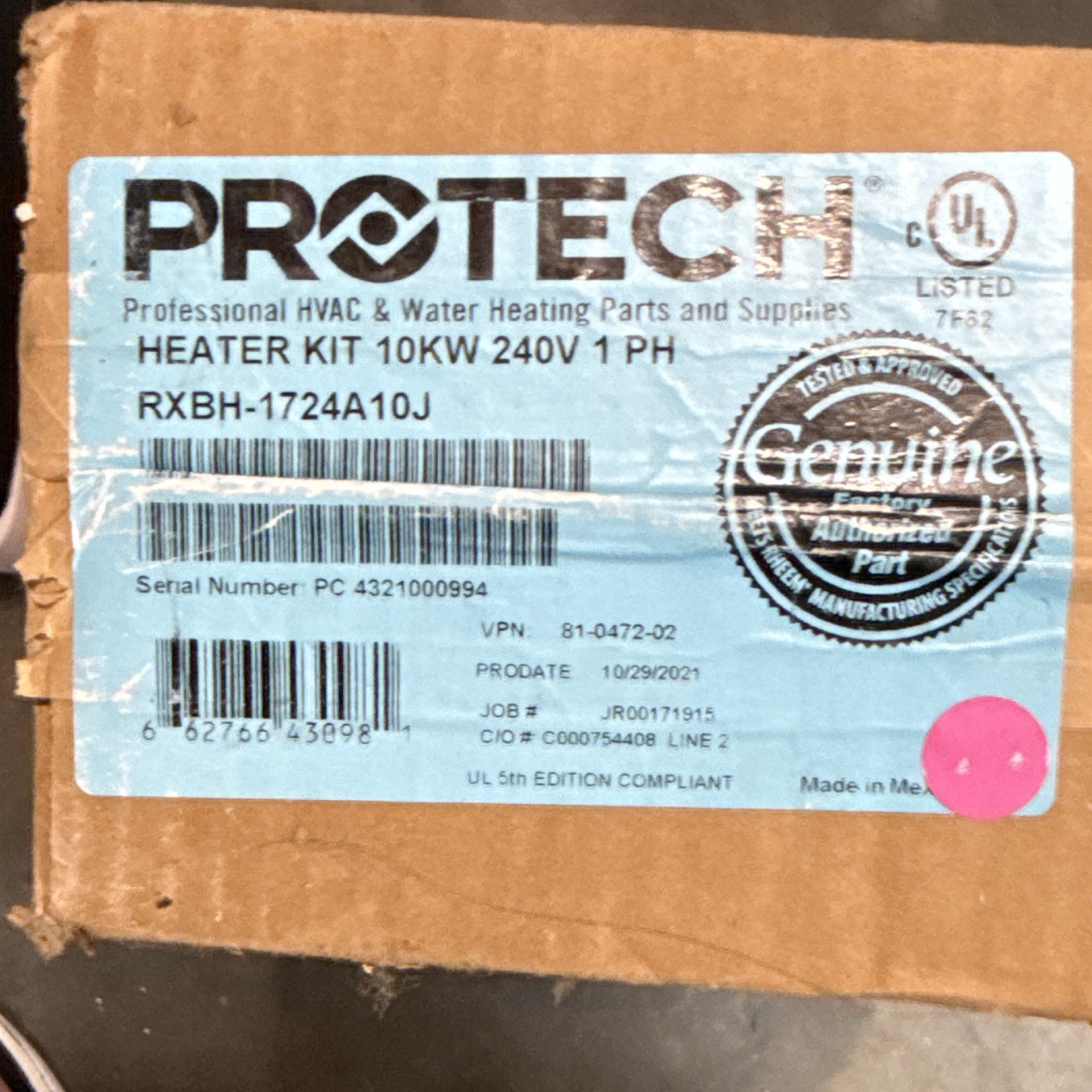 Protech Heater Kit 10kW 240V 1PH 41.7A Corded Electric RXBH-1724A10J