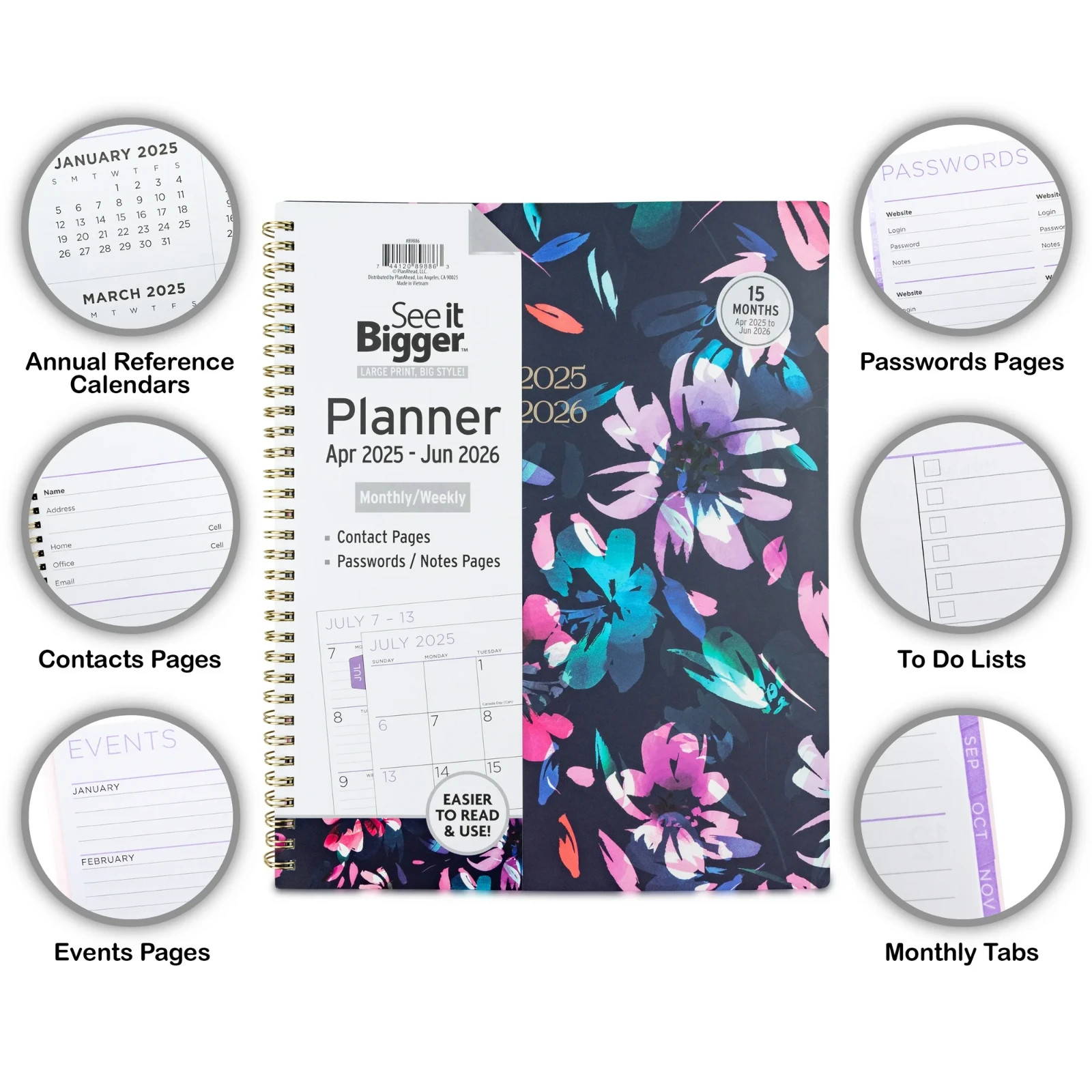 See it Bigger Monthly Weekly Planner Large (9.25″ x 11″) Blue Floral, 15 month
