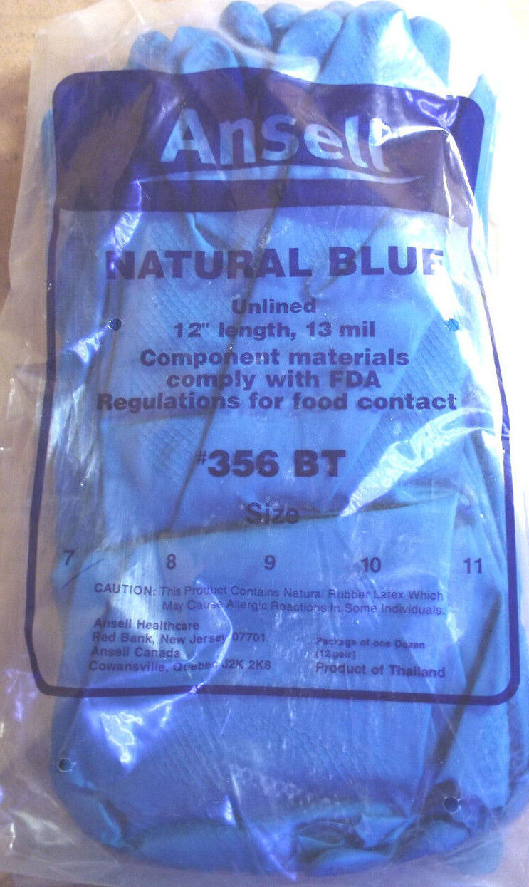 12 PAIRS NEW ANSELL #356BT SIZE 7, 10 NATURAL BLUE UNLINED LATEX GLOVES NIP