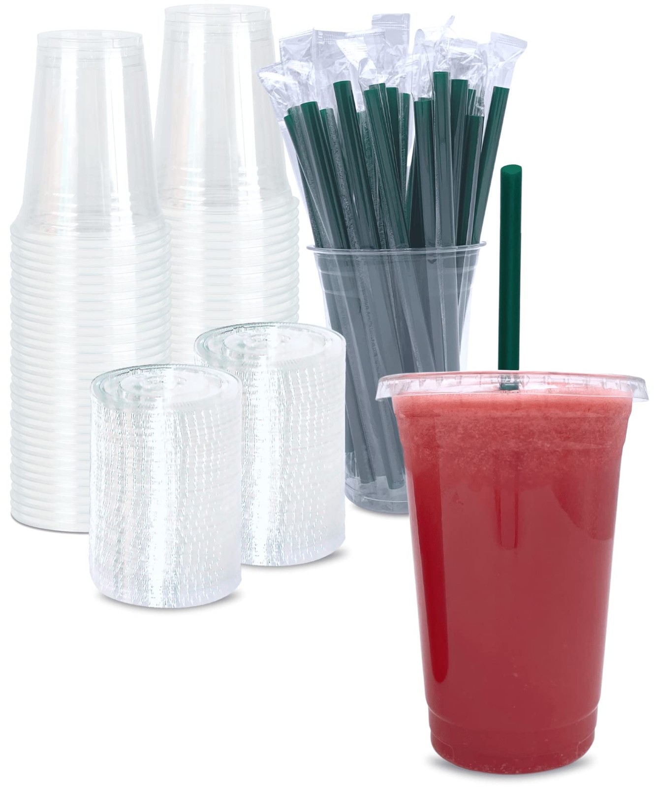 20 oz Clear Plastic Cups with Lids and STRAWS, 50 Piece Set, Transparent