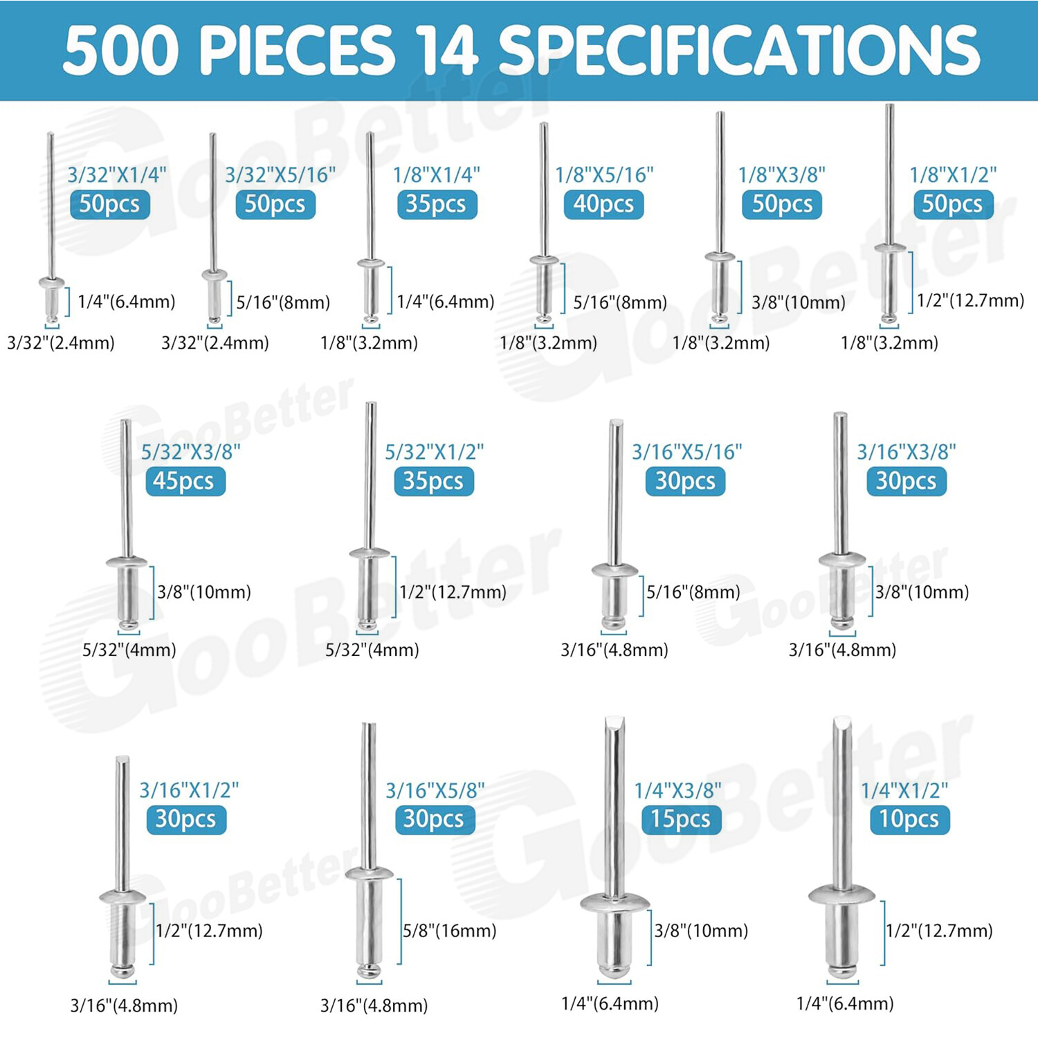 500pcs Pop Rivets Assortment Kit Aluminum Blind Rivets 14 Sizes Blind Rivet Set