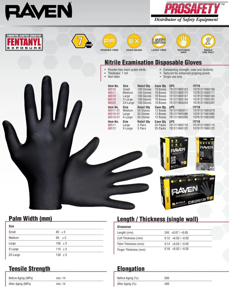 SAS RAVEN Black Nitrile Gloves Powder & Latex Free 7mil, 2 PACK/100/Box Size XL