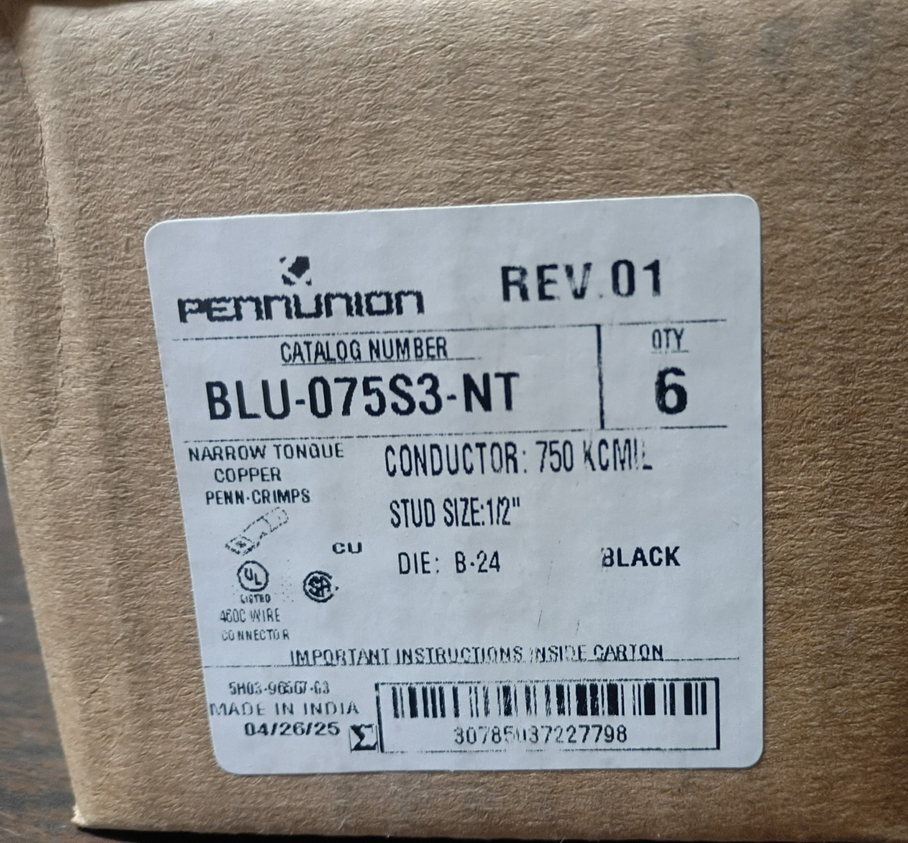 PENN-UNION BLU-075S3-NT COMPRESSION LUGS 750 kcmil 1/2″ STUD NEW BOX OF 6 EACH