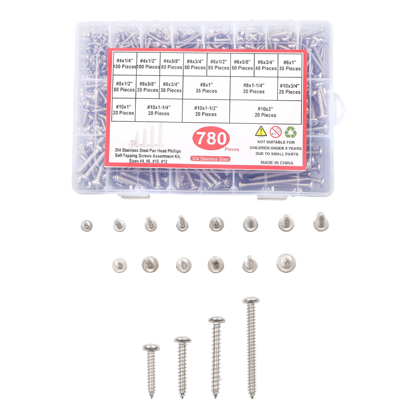 780 Pcs Pan Head Sheet Metal Screws Assortment Kit #4#6#8#10 Stainless