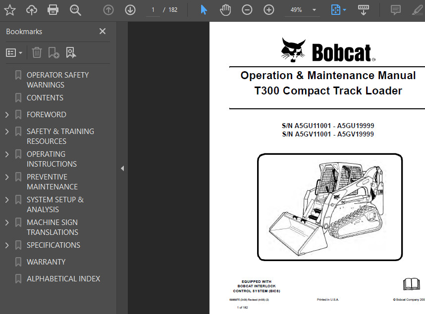 BOBCAT T300 COMPACT TRACK LOADER OPERATORS SERVICE REPAIR SHOP MANUAL PDF USB