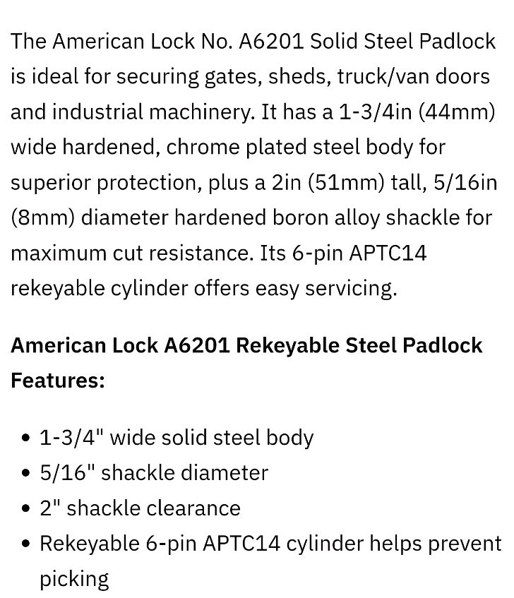 American Lock A6201 Padlock 2″ Shackle 1 3/4″ Wide Solid Steel Body Unkeyed New