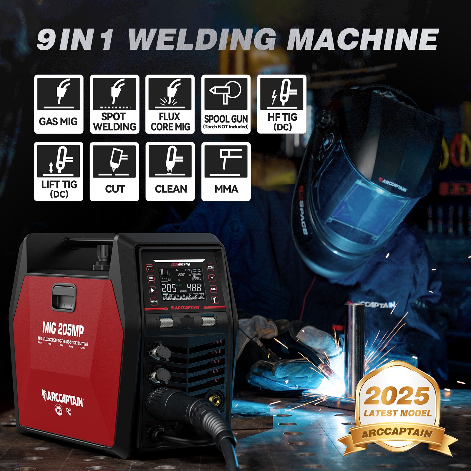 ARCCAPTAIN MIG205MP MIG Welder 9 IN 1 Plasma Cutter/Pulsed MIG/TIG & Spool Gun
