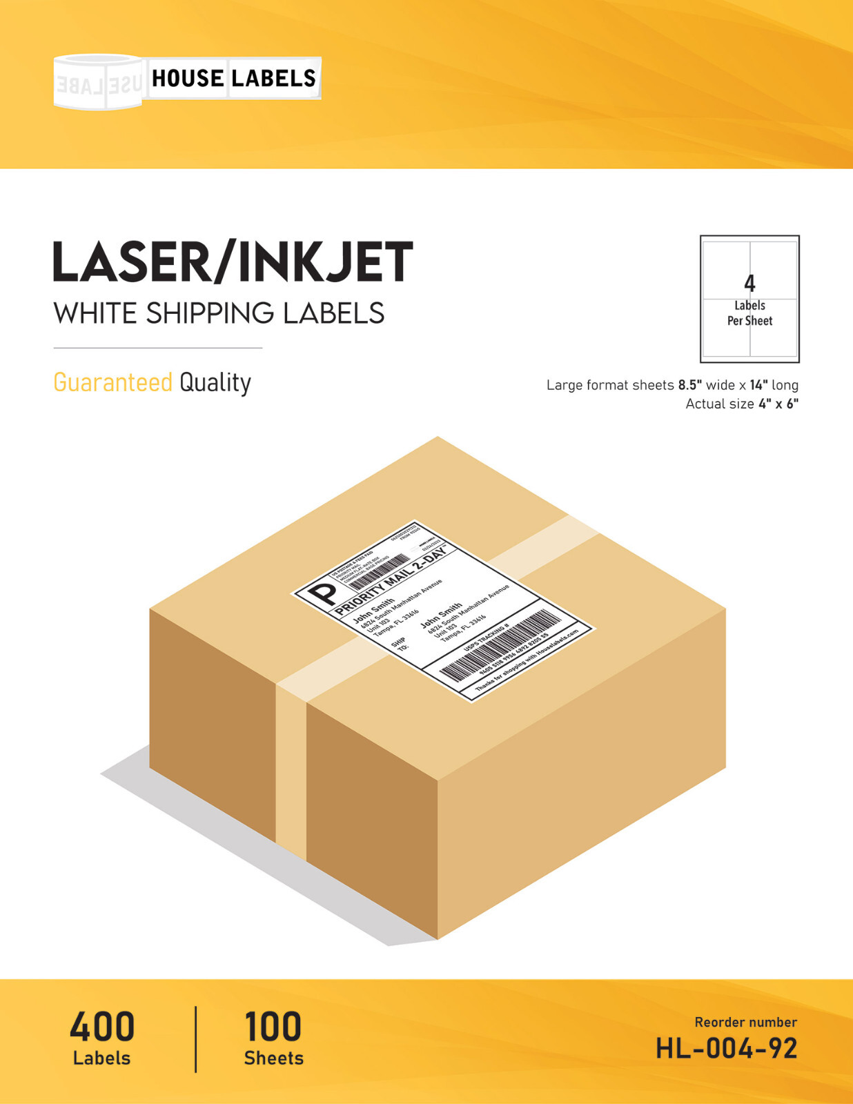 4×6 (4″ x 6″) 4 UP LARGE FORMAT LEGAL SIZE White Shipping Labels – (100) Sheets
