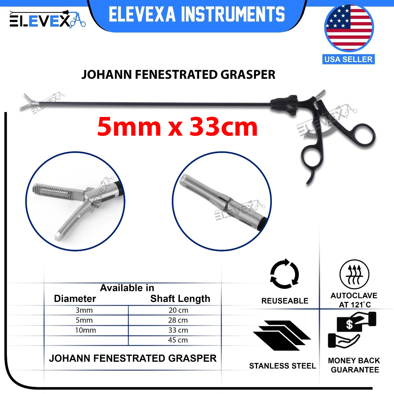 ELEVEXA Laparoscopic JOHANN Fenestration 5mm 33cm Johann Grasper Bariatric Yohan