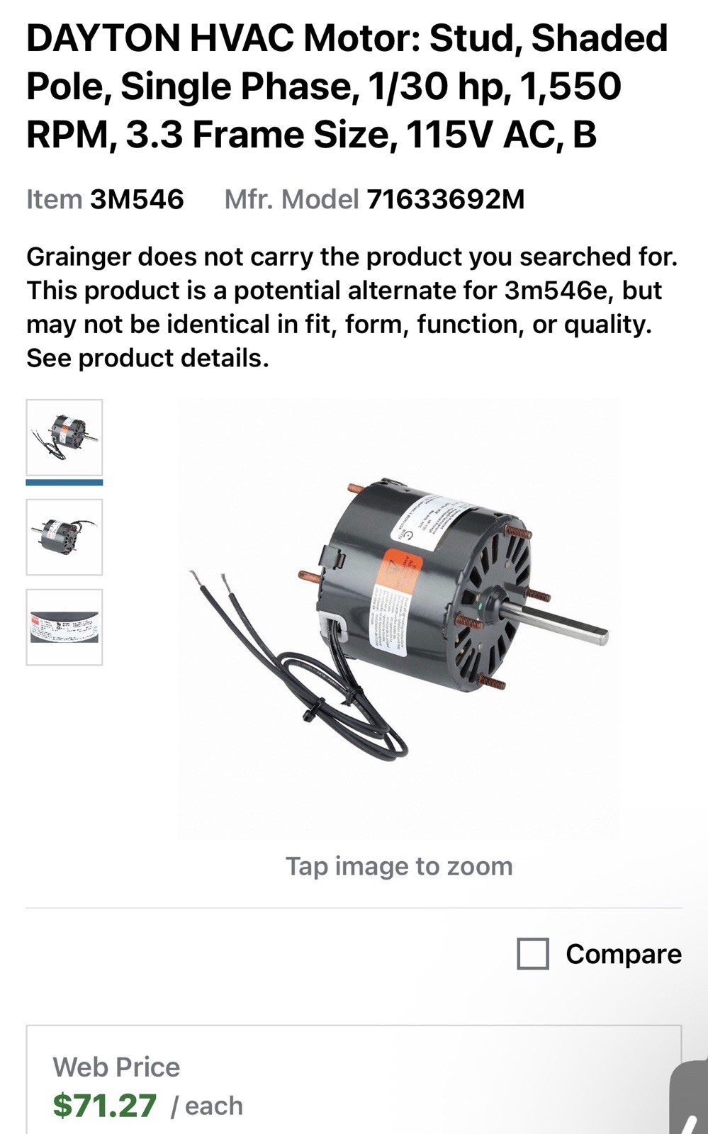 Dayton 71633692M Hvac Motor, 1/30 Hp, 1550 Rpm, 115V, 3.3 Dented Box New Sealed
