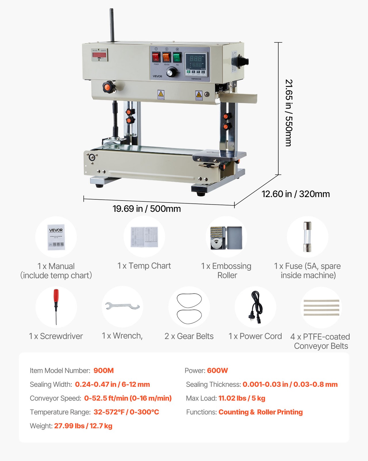VEVOR Continuous Sealing Machine Vertical Band Sealer 0.24-0.47 in Seal Width