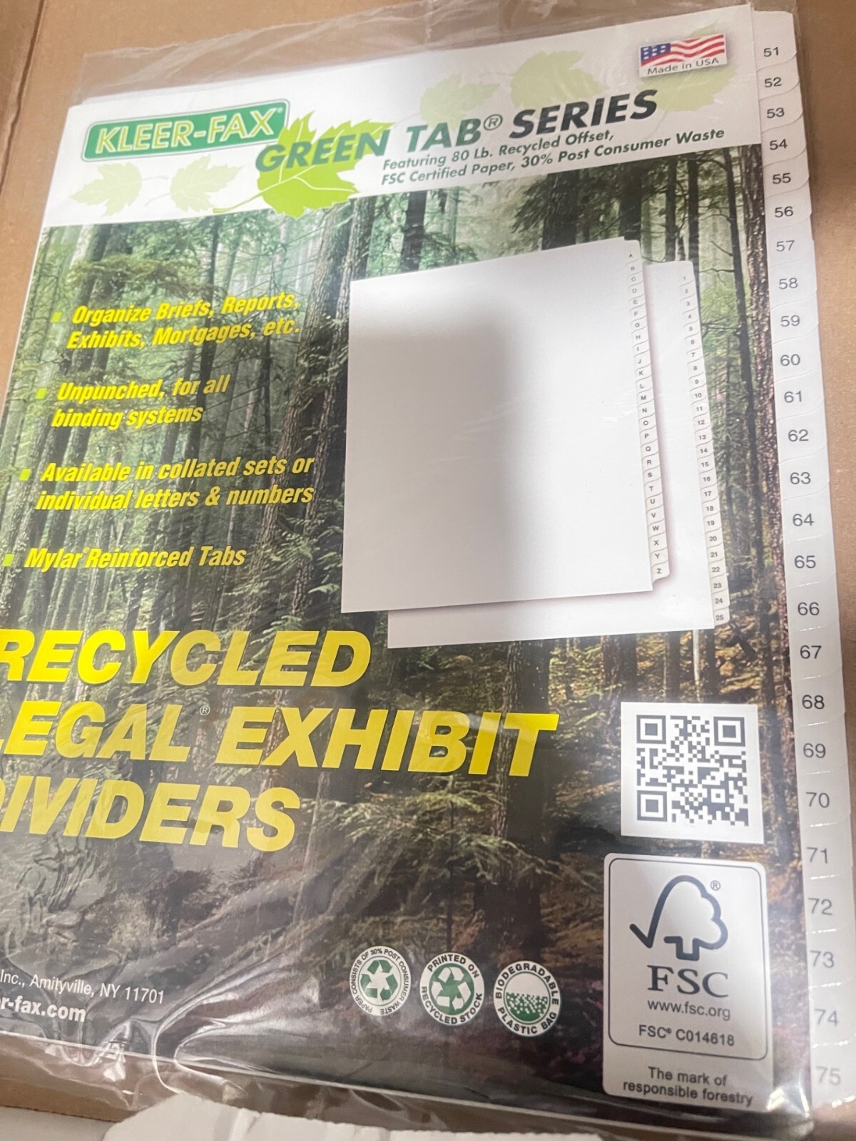 KLEER-FAX Green Tab 90000 Series Letter Exhibit Dividers 25 per pack 51-75(U1M1)