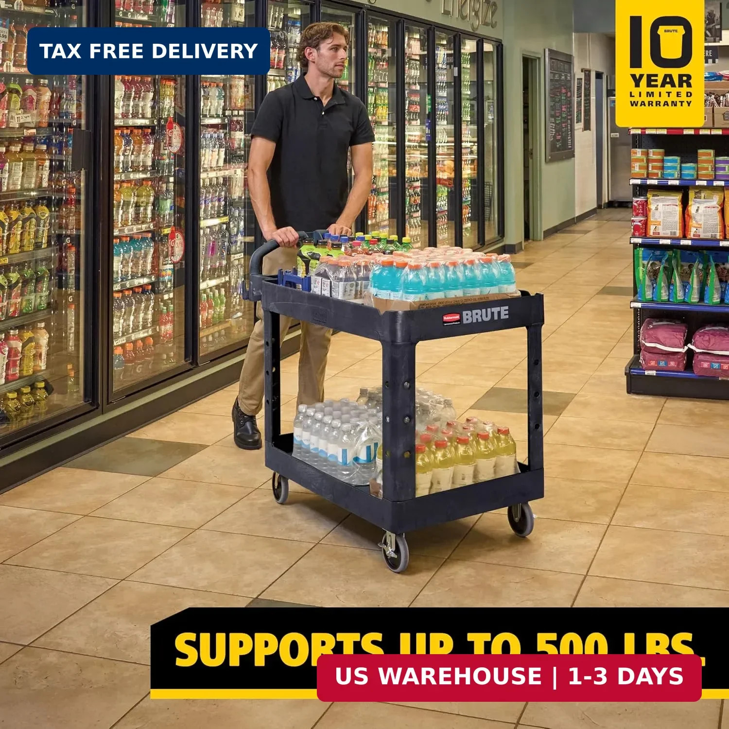 2-Shelf Utility/Service Cart, Medium, Black, Lipp