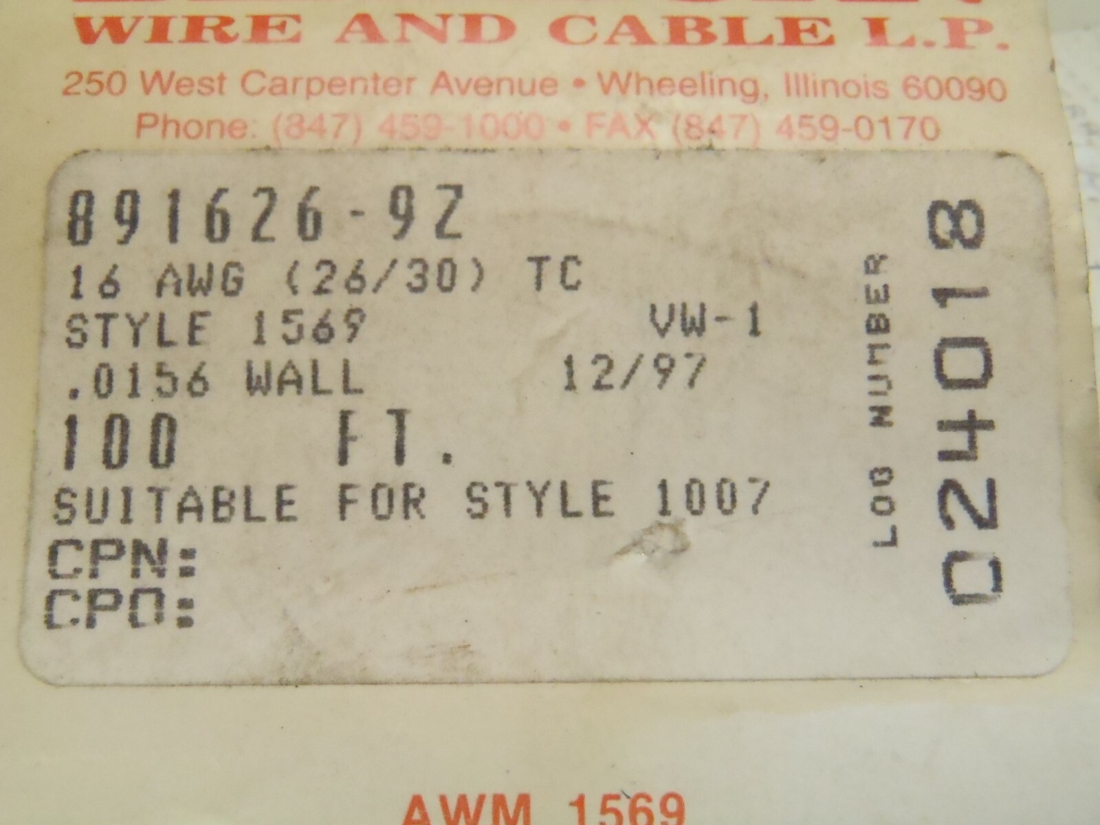 Dearborn 891626-9Z Stranded Wire 100′ Foot Spool 16 AWG .0156 Wall
