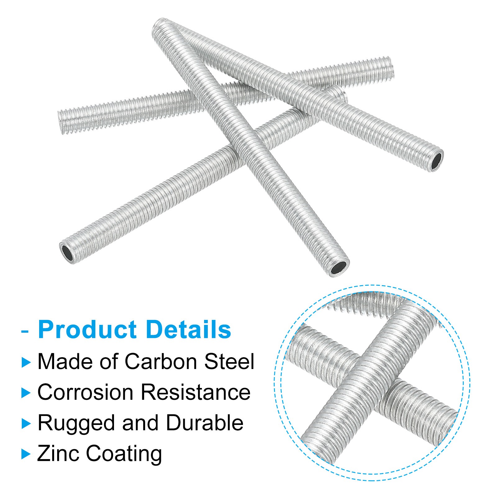 M8 Thread Carbon Steel Lamp Pipe, 10 Set 90mm/3.54″ Hollow Tube Adapter