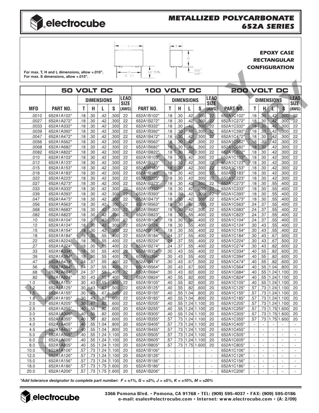 5 Electrocube Metallized Polycarbonate Capacitor 652A1C103K, 0.01 uf, 10% 200 V