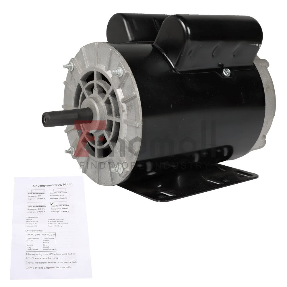 3450 RPM 3 HP SPL Electric Motor Compressor Duty 56 Frame 1 Phase 115/230 Volts
