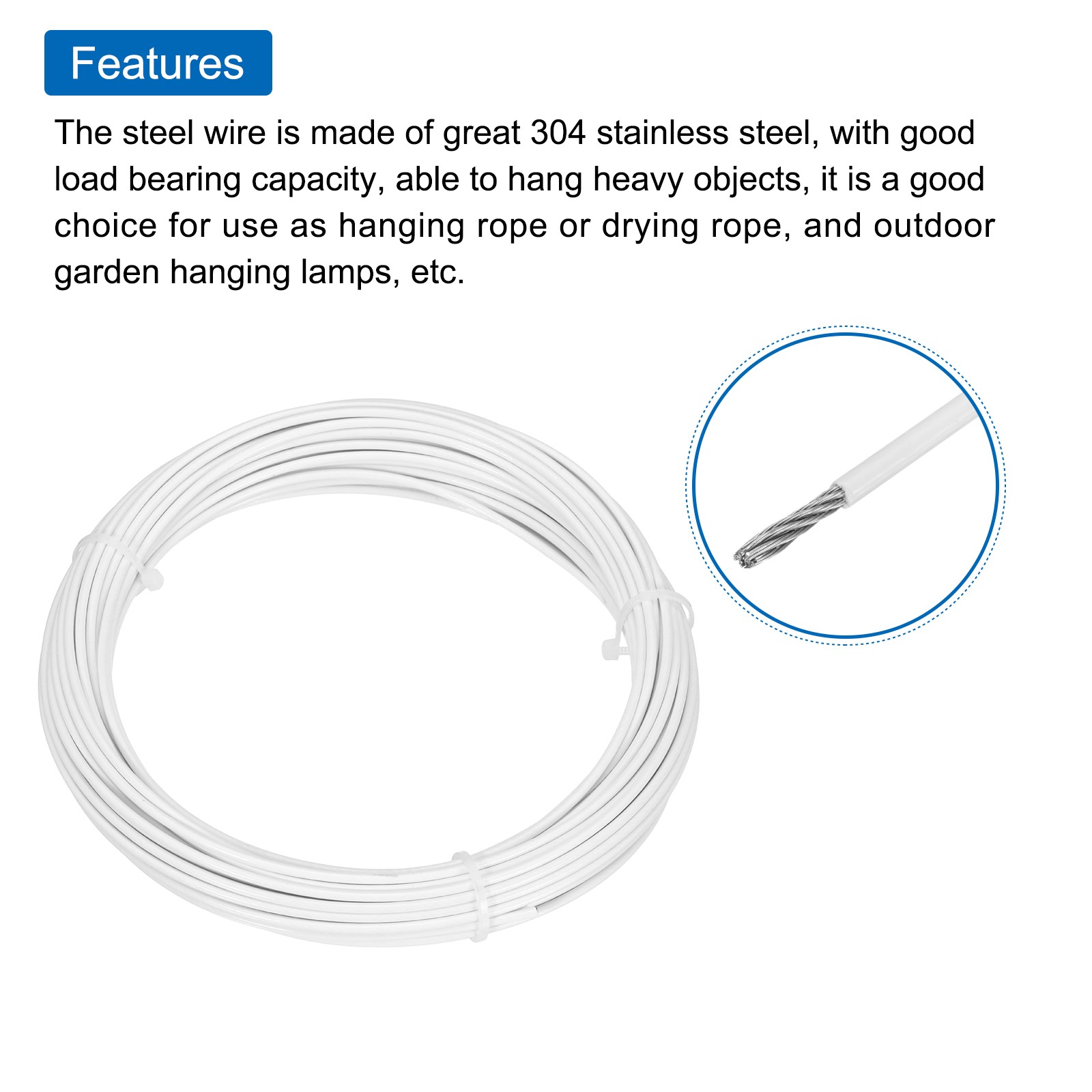 33Ft(10M) Wire Rope Stainless Steel Cable 1/12″ Clamp Sleeves & Thimble White