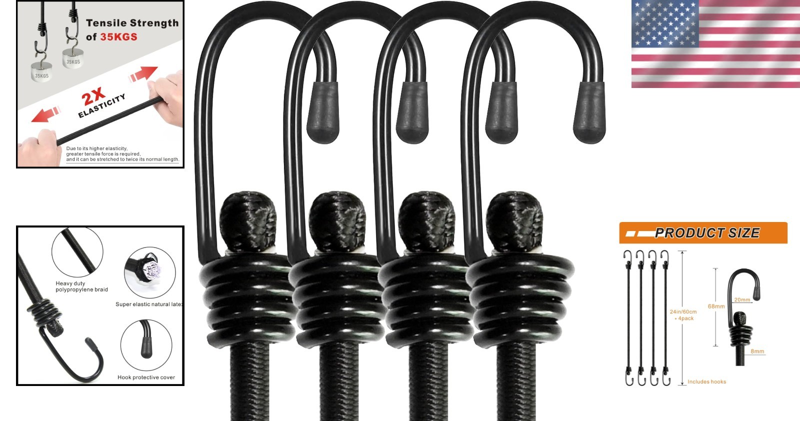 Heavy Duty No Odor Bungee Cords with Hooks – 24 Inch 4PCS for Secure Outdoor Use