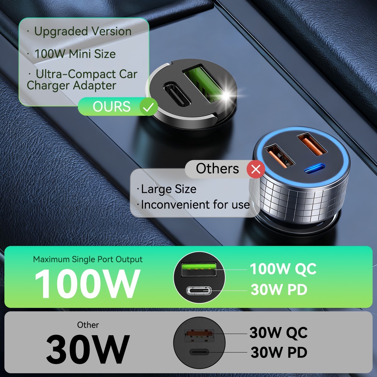 100W USB C Car Charger Fast PD & QC3.0 Dual Port Cigarette Lighter Adapter Metal