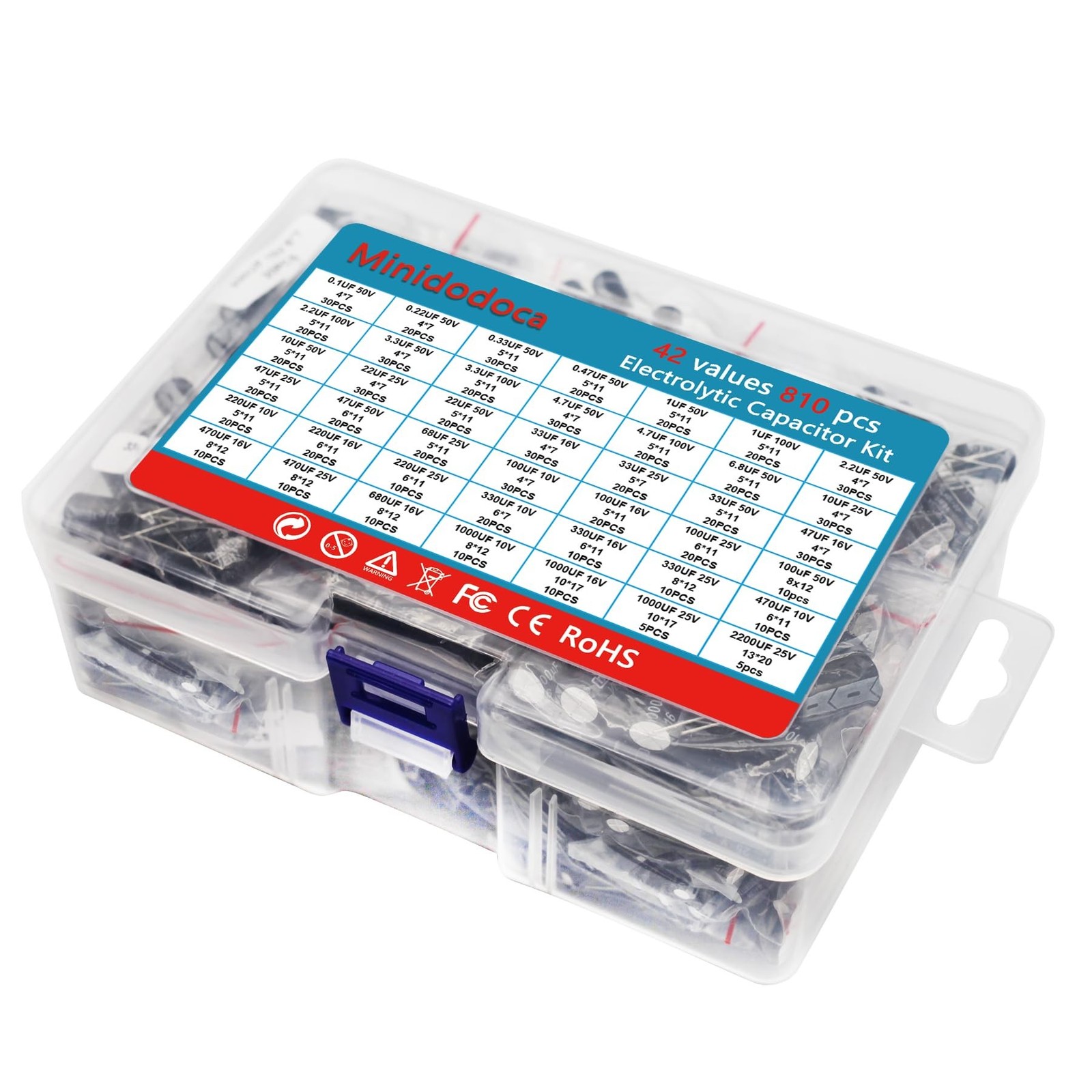 42 Values 810 Pieces, 0.1uF-2200uF, 10V 16V 25V 50V 100V, Electrolytic Capaci…