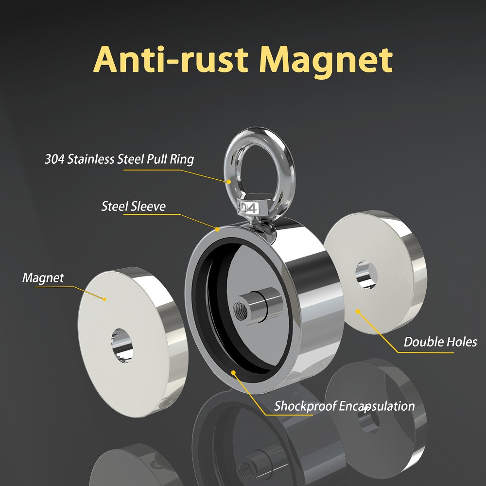 2000 LBS Strong Fishing Magnet Kit Double-Sided Pull Force and Rope Carabiner