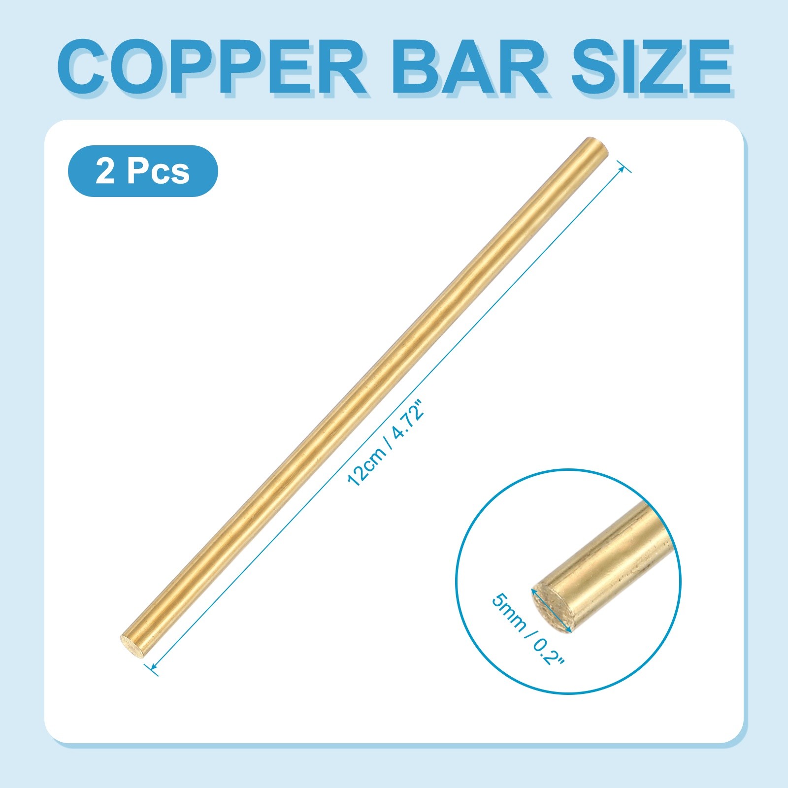 2Pcs, 5mm Dia. 12cm / 4.72 Inch Length Round Brass Rods Brassy