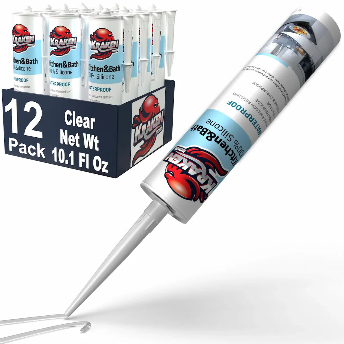 Kraken Bond 100% Clear Silicone Caulk ( 12×10.1 fl.oz) 12 Pack
