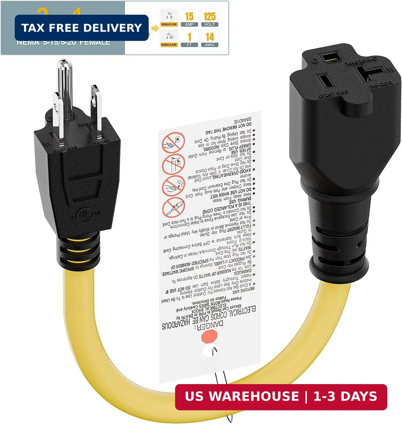 1-Foot 15 Amp Household AC Plug to 20 Amp T Blade Adapter Cable， Nema 5-15P to 5