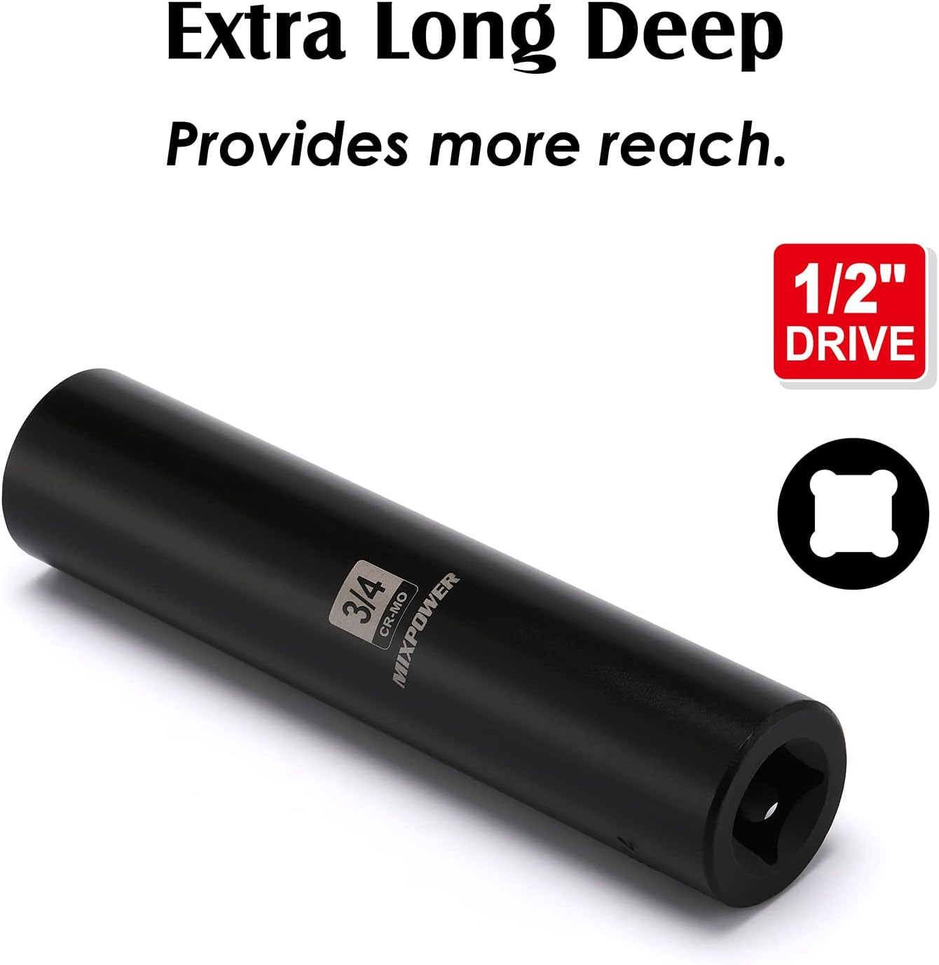 1/2″ Dr. X 3/4-Inch Extra Long Deep, 6 Point Impact Socket, Cr-Mo Alloy Steel