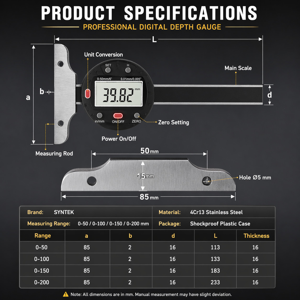 Digital Depth Gauge 0-150mm / 0-6 in ,Electronic Depth Measuring 0.005″/0.01mm