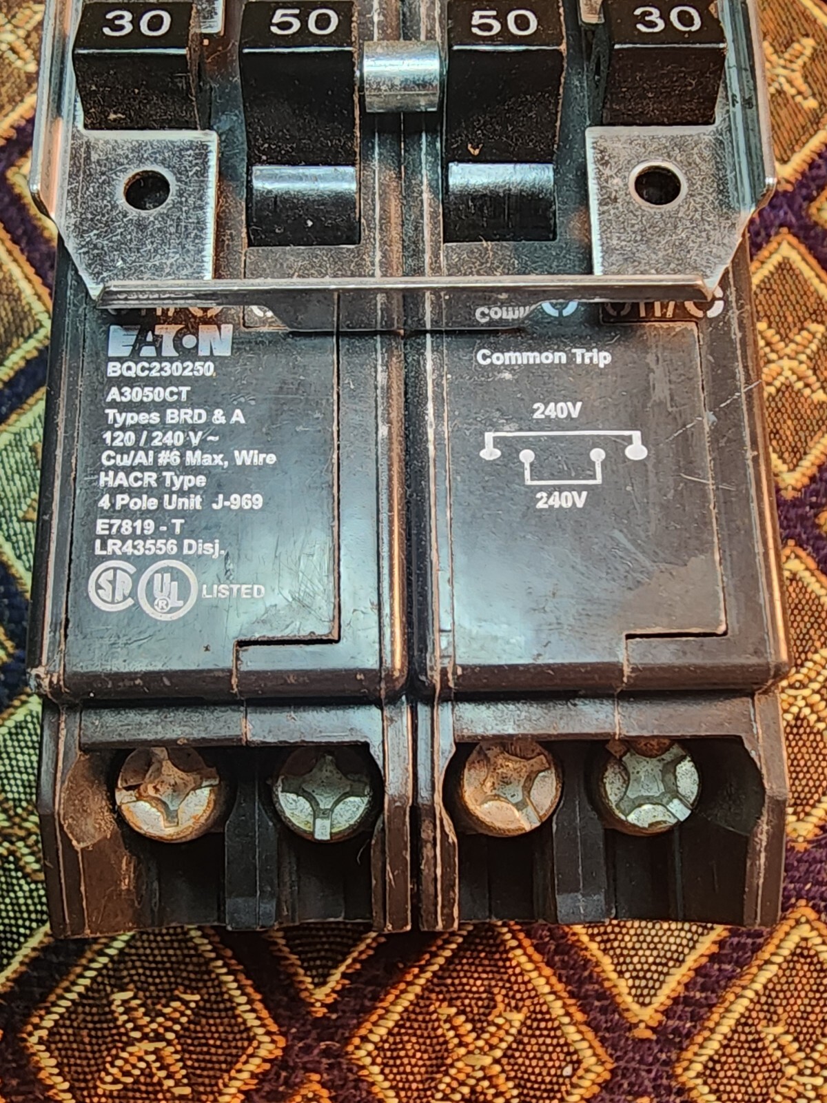 NEW Eaton BQC230250 Quad Breaker 2 Pole 30 Amp and 2 Pole 50 Amp Common Trip