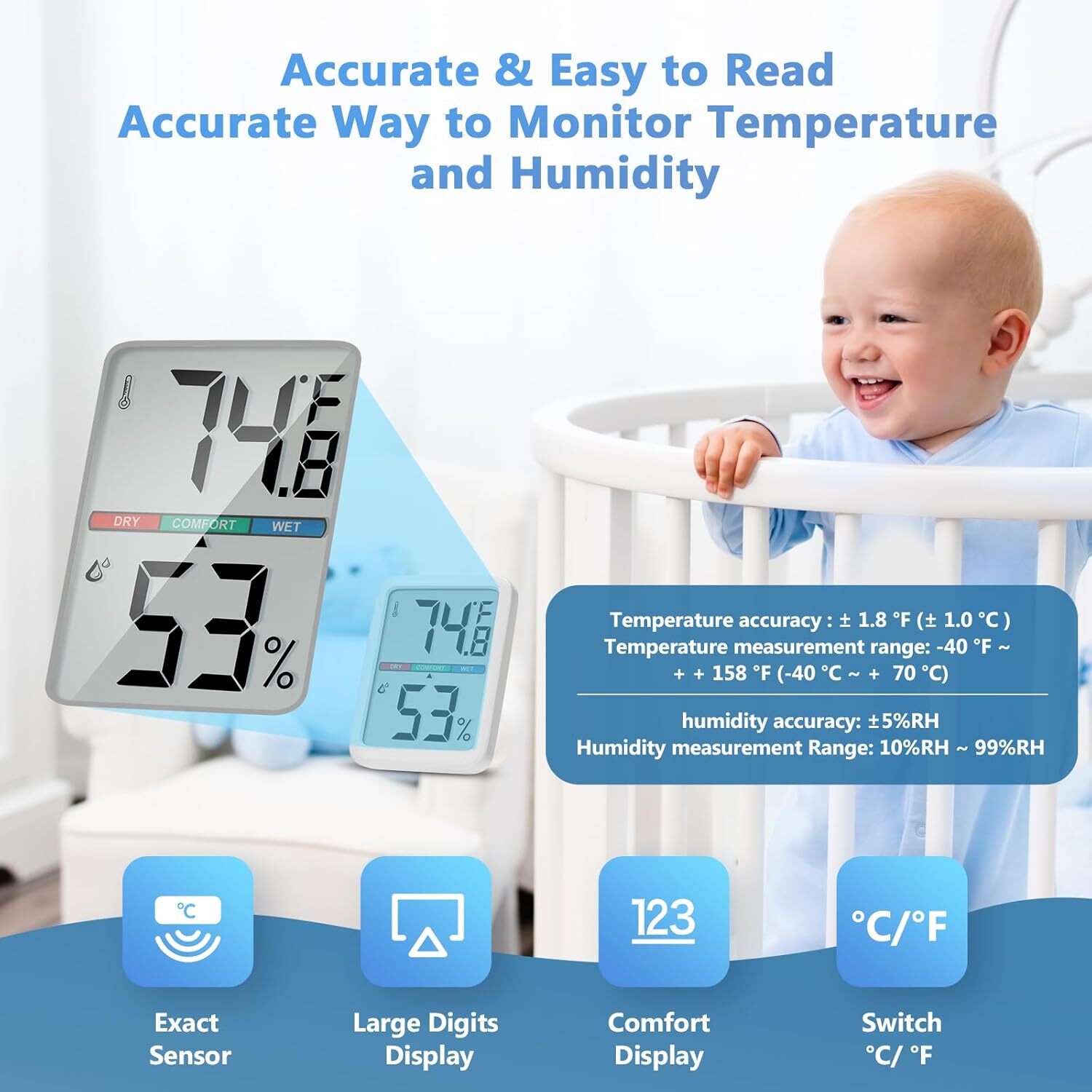 Digital Thermometer Hygrometer, Large LCD Screen Room Thermometer…