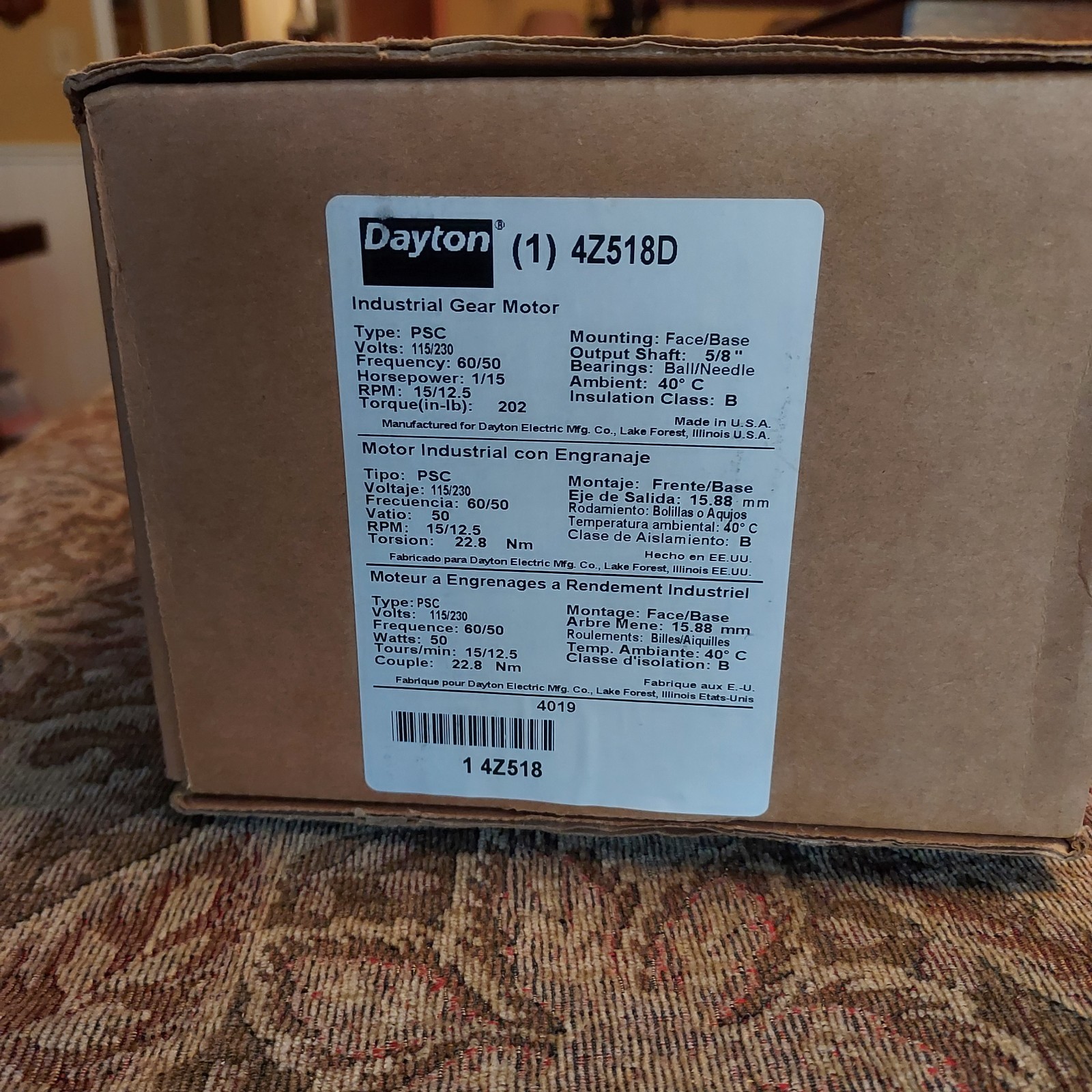 Dayton 4Z518D Gearmotor 115/230 1/15 hp. 60/50hz 15/12.5 Rpm New.
