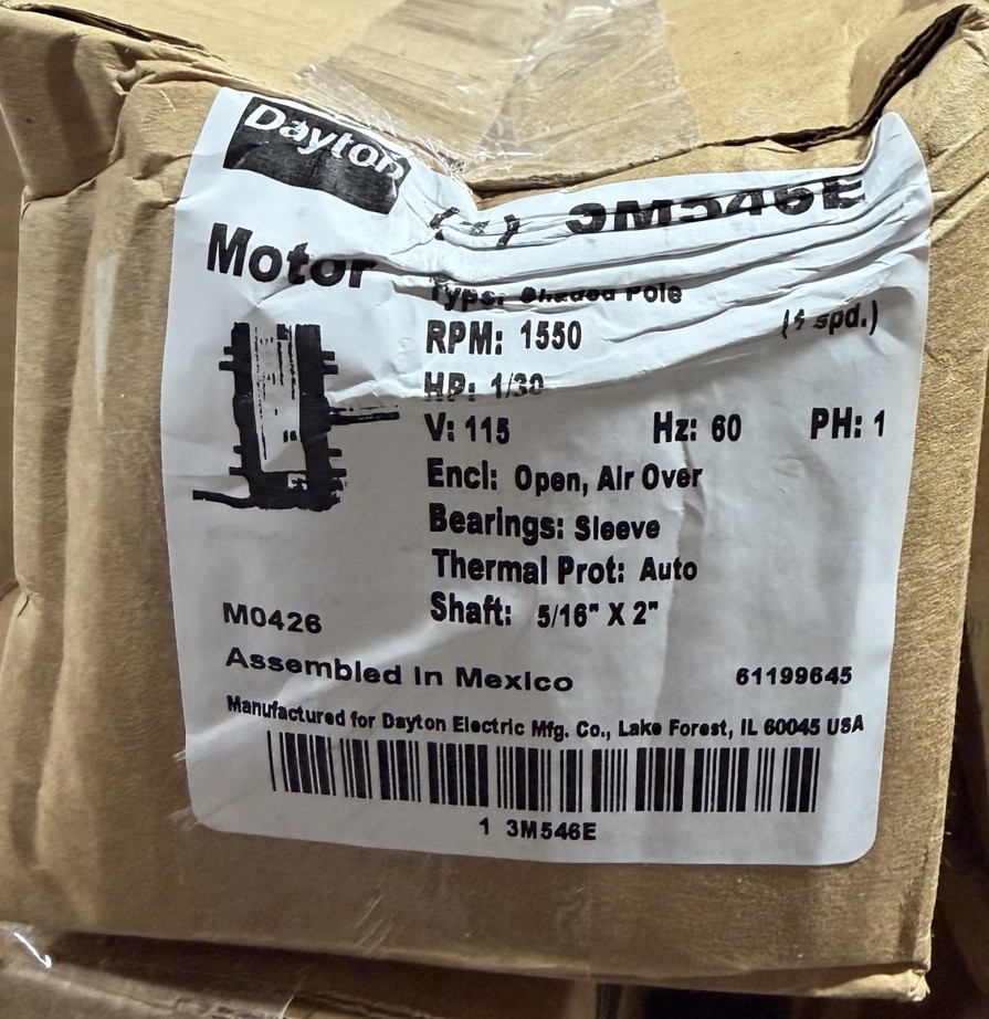 Dayton 71633692M Hvac Motor, 1/30 Hp, 1550 Rpm, 115V, 3.3 Dented Box New Sealed