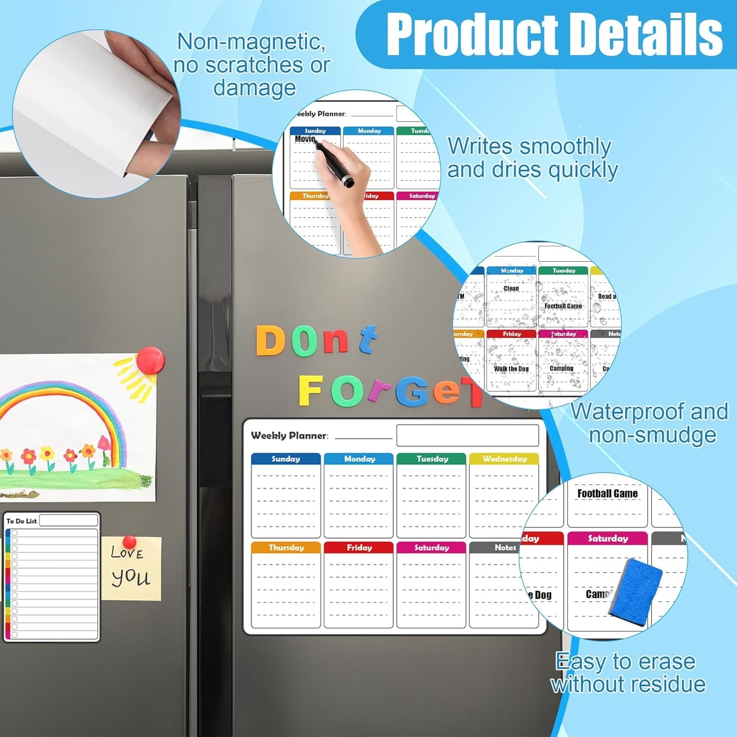 4 Pack Non-Magnetic Dry Erase Calendar Board Set, Monthly, Weekly, Daily, Lis…