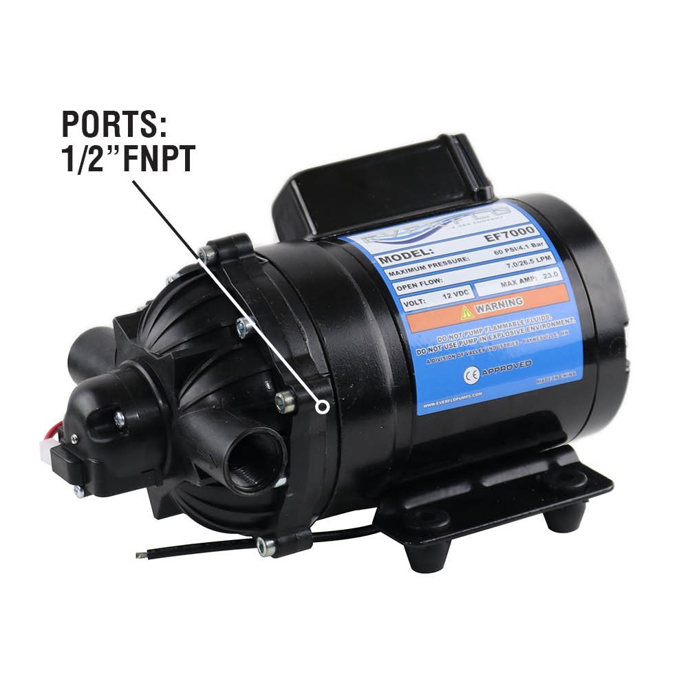 Everflo EF7000 12V Diaphragm Sprayer Pump – 7.0GPM, 60 PSI Max, 1/2″ FNPT Ports