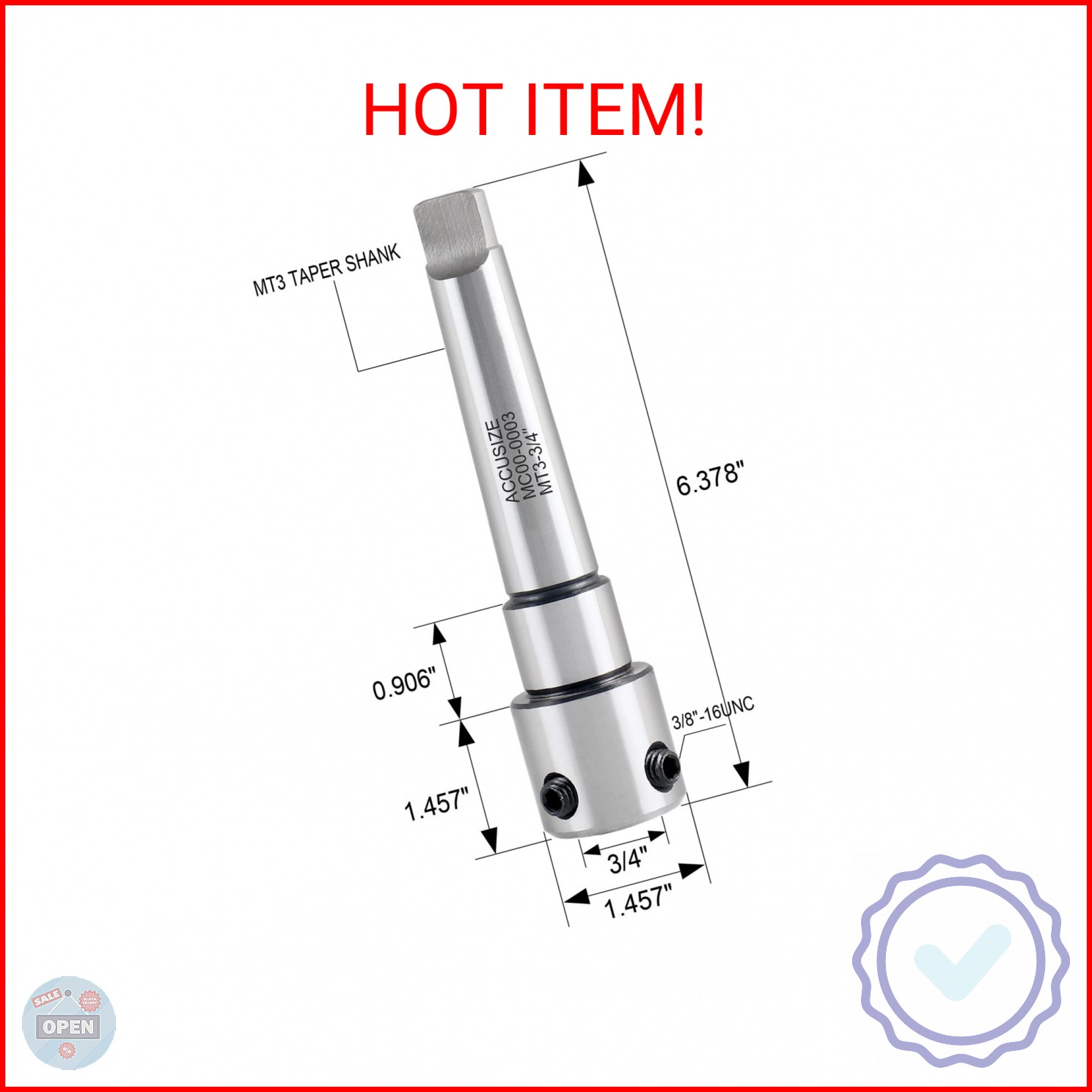 Accusize Industrial Tools Annular Cutter Arbor, Mt3 to 3/4» Weldon Shank for Dr
