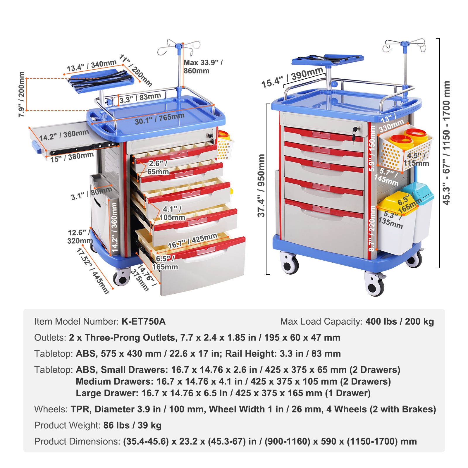 VEVOR 5 Tiers Lab Carts Mobile Medical Cart with 5 Drawers & 2 Trash Cans Blue