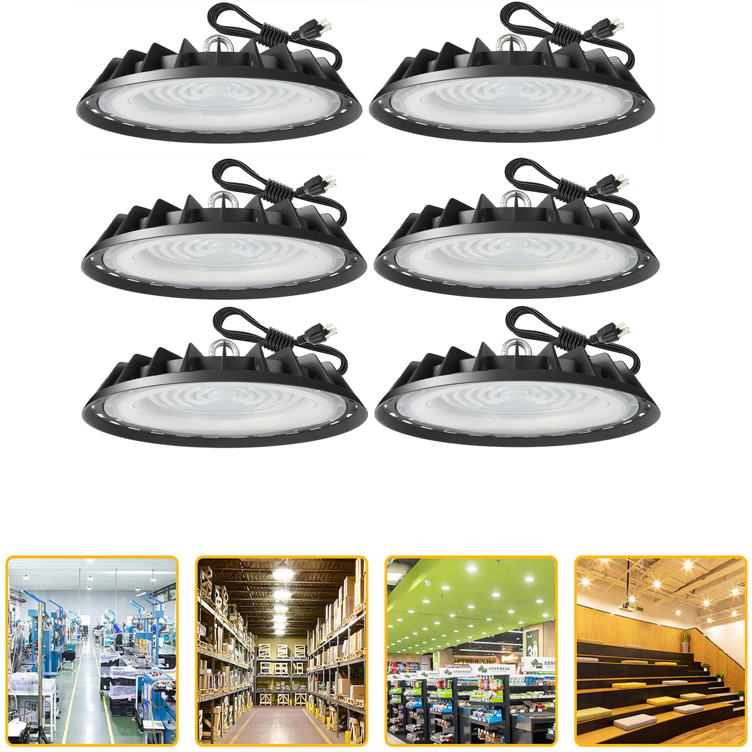 6PCS 200W UFO LED High Bay Light 6000K IP65 w/4′ Cable & Plug for Shop Warehouse