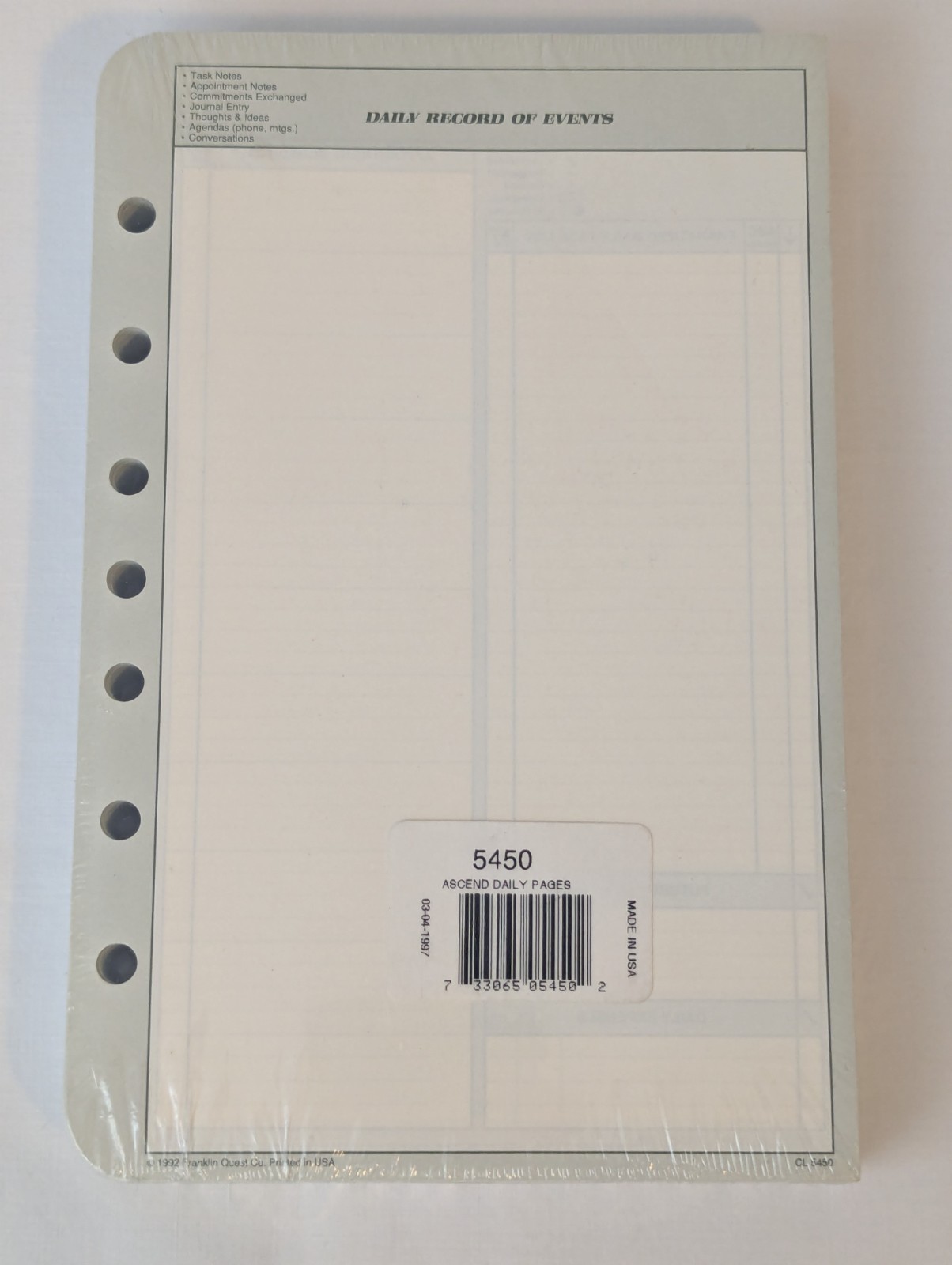 Vintage 90’s Franklin Quest Ascend Daily Pages 8.5″ x 5.5″ ~ 7 Holes NEW NIP
