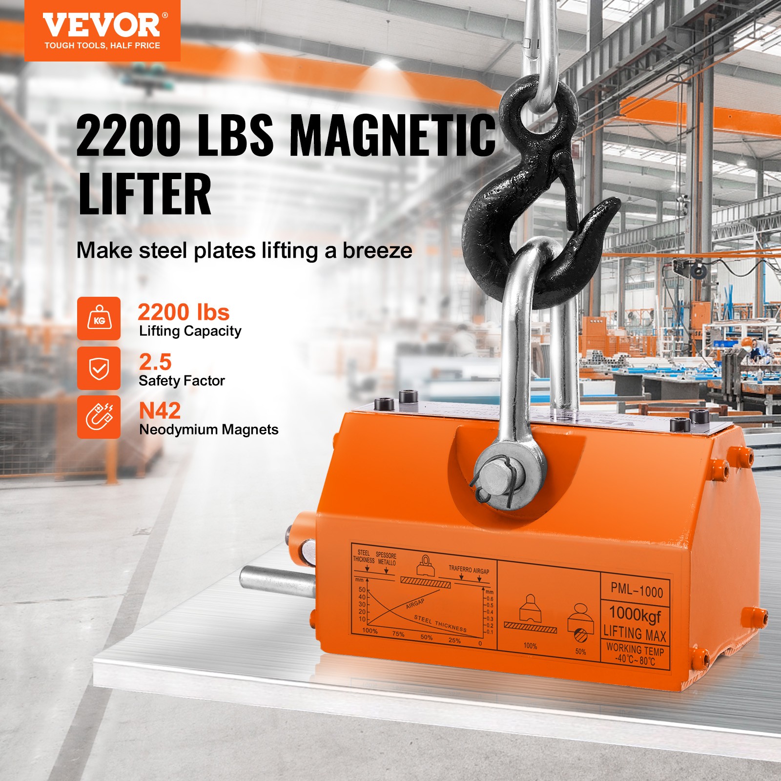 VEVOR Permanent Magnetic Lifter Lifting Magnet 2200 lbs/1000 kg Neodymium Hoist