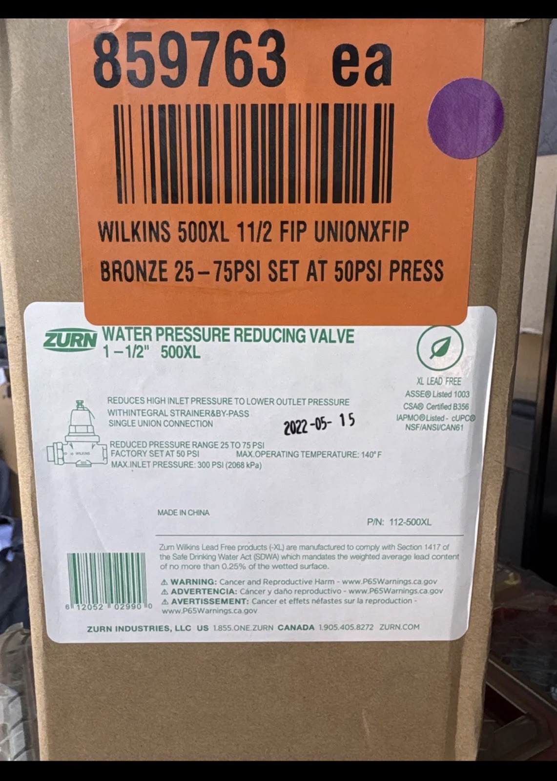 Zurn Wilkins 112-500XL 1-1/2in Bronze Water Pressure Reducing Valve 25-75 PSI