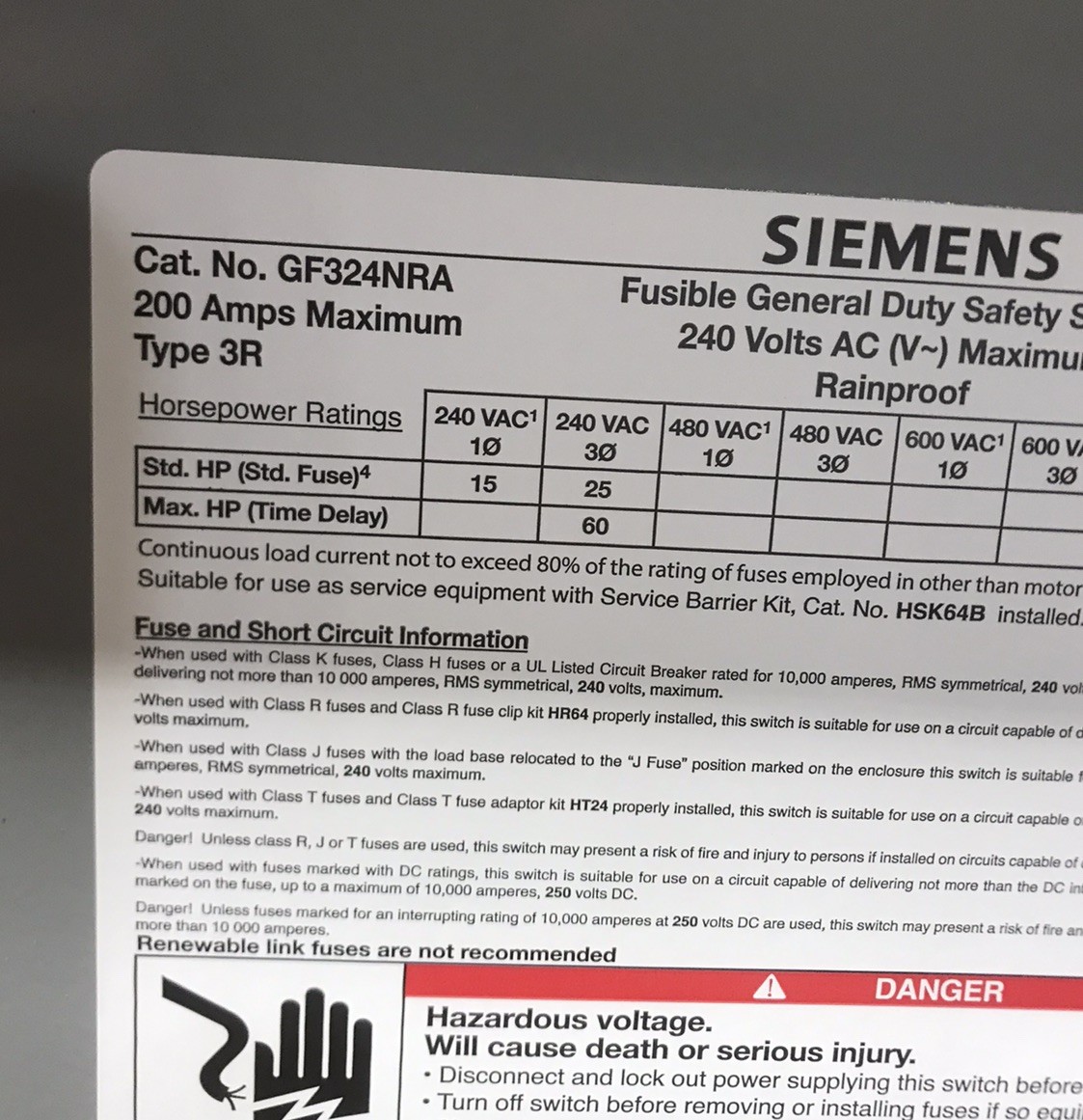 HOUSTON STOCK NEW SIEMENS GF324NRA NON FUSE DISCONNECT 400 AMP 3R FREE SHIPPING