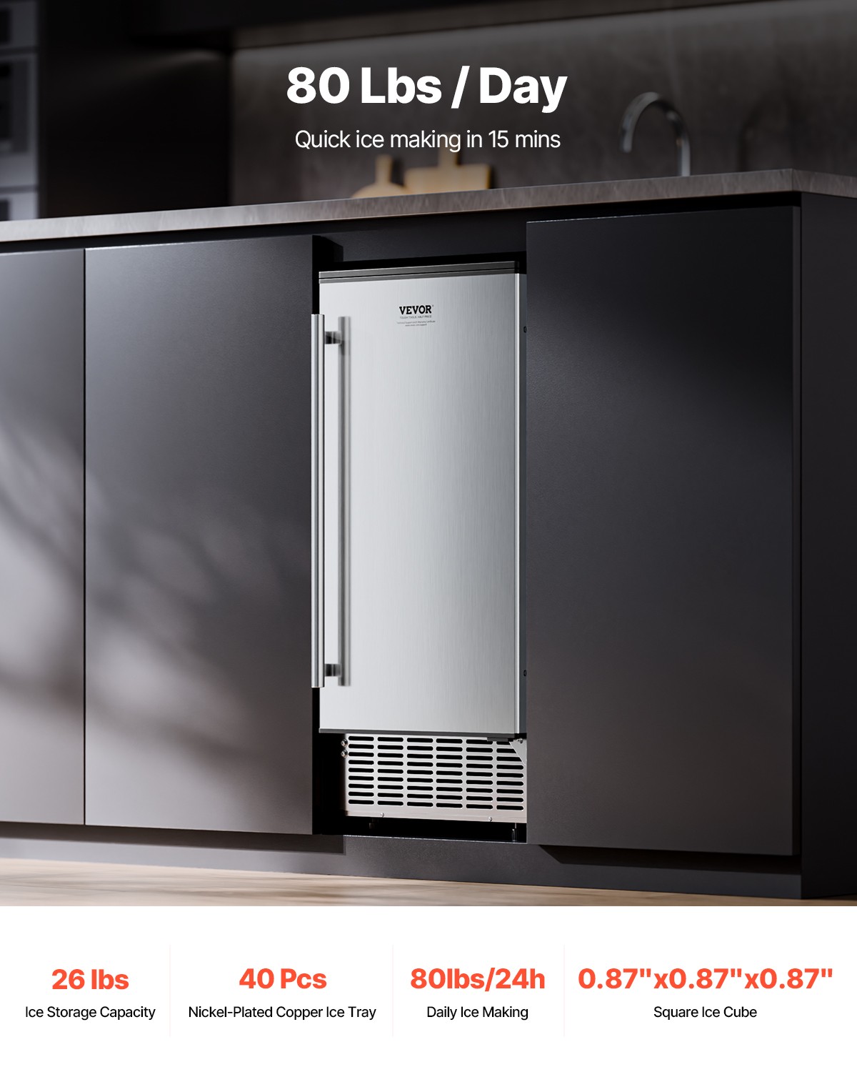 VEVOR Undercounter Ice Maker 80 Lbs/Day Built-in Ice Maker Machine
