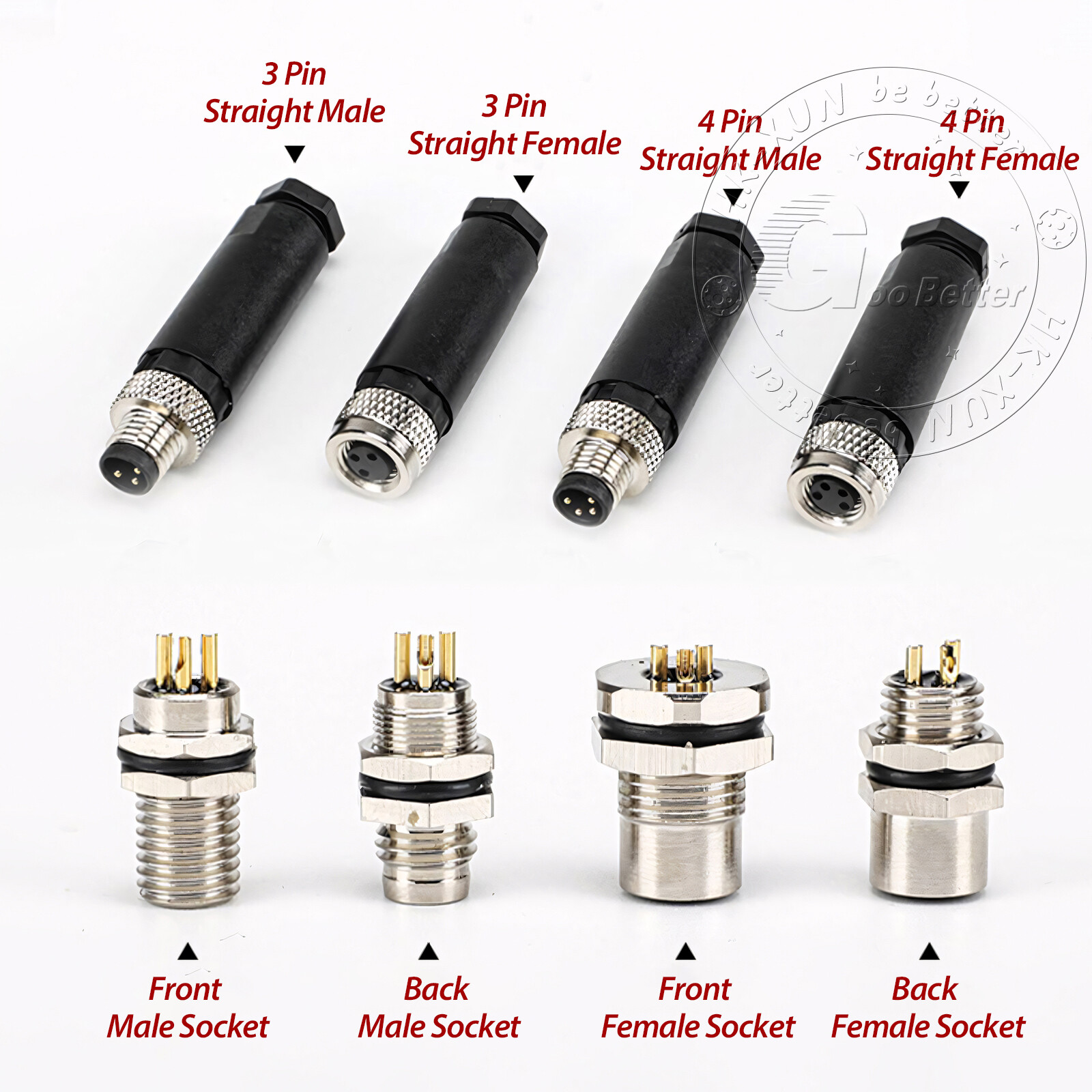 PG7 M8 Sensor Connector 3 Pin / 4 Pin Male / Female Straight / Elbow Plug IP67