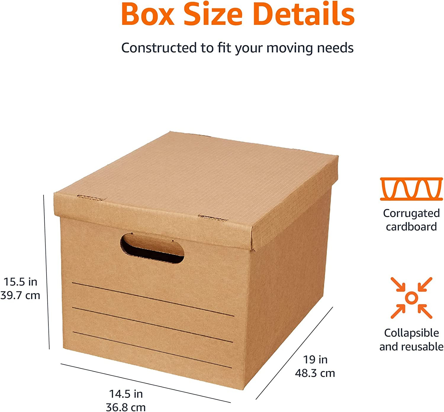 Moving Boxes with Handles and Lids, 19 X 14.5 X 15.5 In, Brown, 10-Pack, Medium